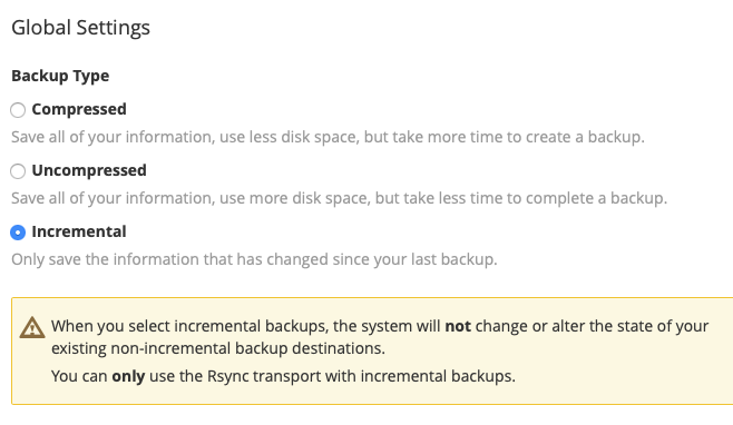 Select the type of backups you want to take, compressed, uncompressed or incremental