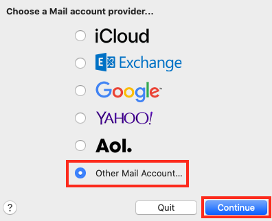Select Other Mail Account... and Click Continue