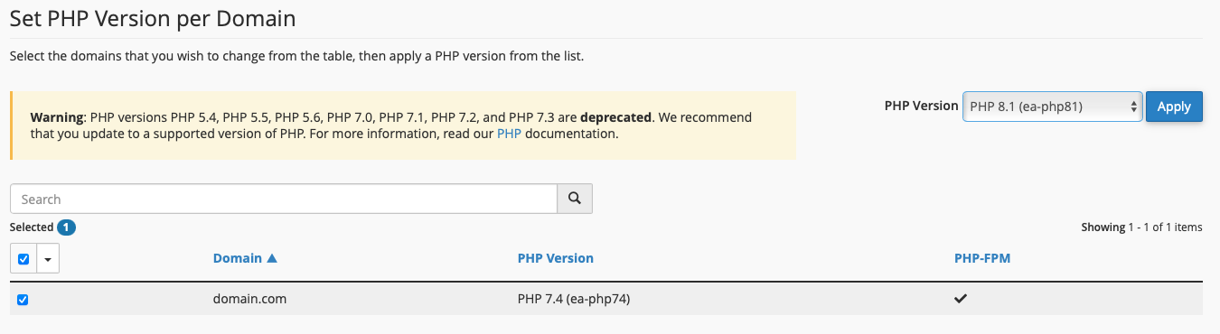 View the List of your Domains and the Currently Assigned PHP Version under Set Version per Domain