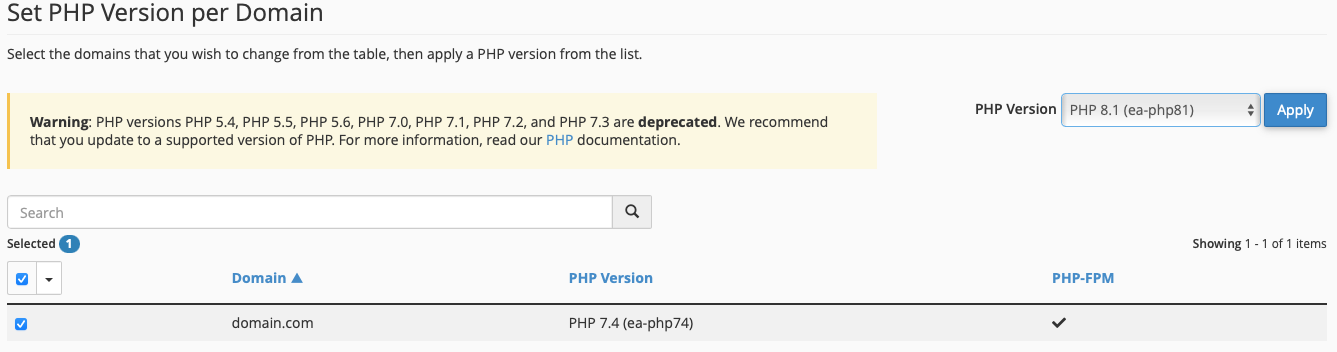 Select the Checkbox Next to the Domain of Which you Want to Adjust the PHP Version