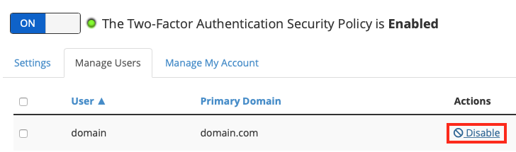 Disable Two-Factor Authentication for a User by Clicking Disable