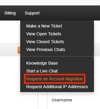 Select Request an Account Migration from the Support Menu