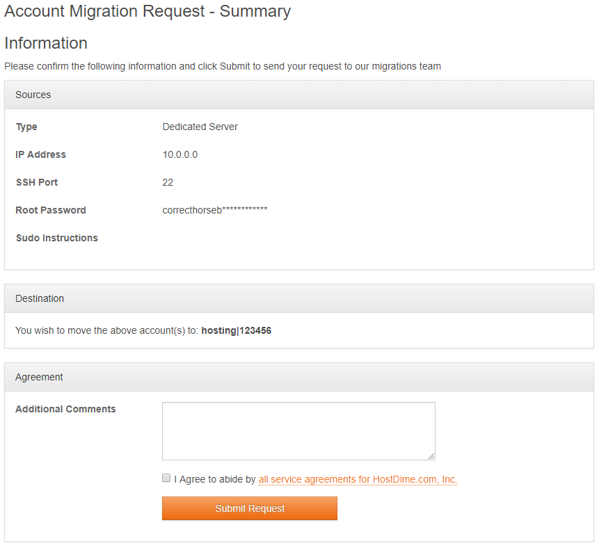 Review Your Migration Information and Submit the Request