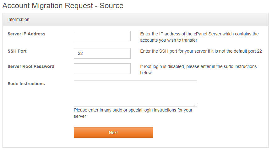 Fill in Your Source Server or Account Login Details