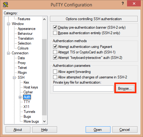 Add your SSH Key to the SSH Auth Section of the PuTTY Configuration Screen