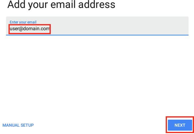 Type in your Full Email Address and Click Next or Manual Setup if the Automatic Setup Doesn't Work