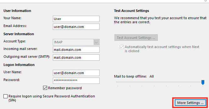 Enter Your Email Account Details and Then Click More Settings