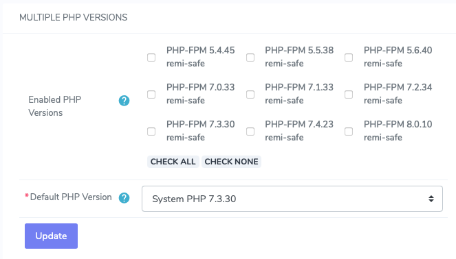 Check the Box Next to the Versions of PHP you want to Enable and click Update to Install Them.
