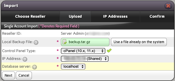 Choose the IP address and Database Server for the cPanel Backup you Upload Now or Select from your InterWorx Server