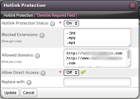 Fill in the Extensions to Protect, the Domains to Allow, Turn on the Protection and Click Update