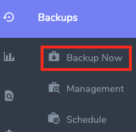 Select Backup Now from the Backups Section of the Sidebar or the Main SiteWorx Screen