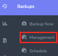 Click on Management from the Backups Section of the SiteWorx Sidebar or Main Screen
