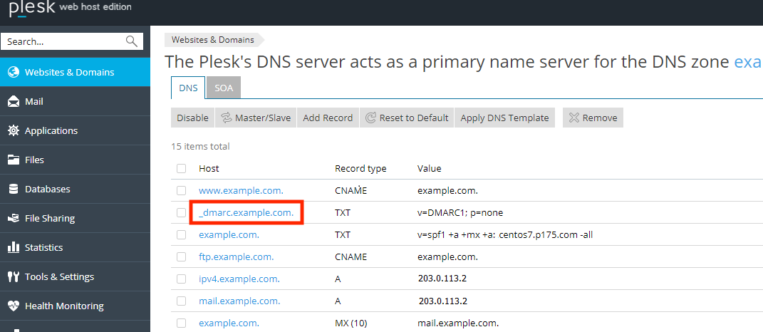 Click on the _dmarc Link in the List of DNS Zone Entries in Order to Edit It