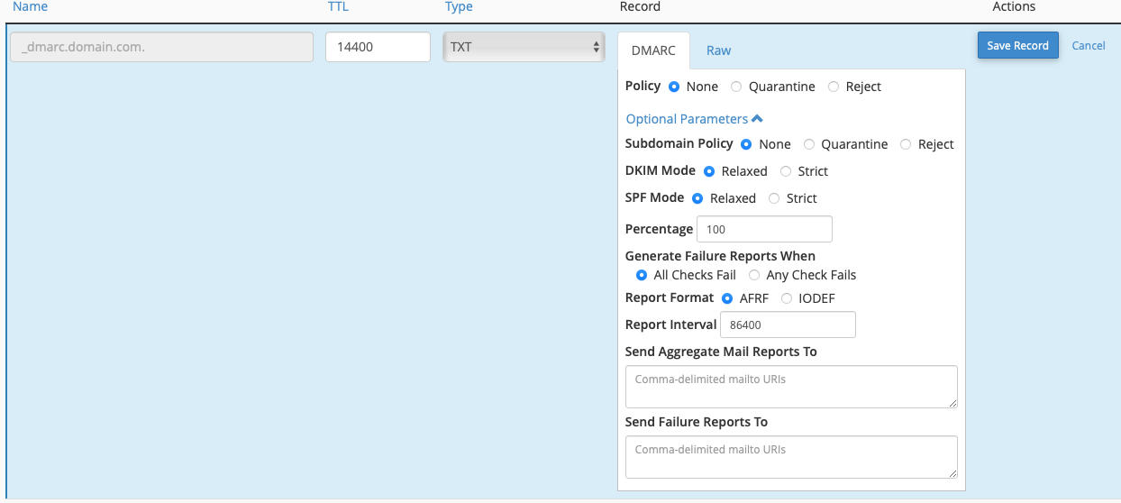 Fill in the DMARC Record Options